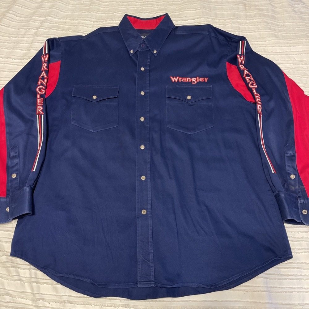 Vintage Wrangler Western Shirt XL Blue Red Embroidered Spell Out Sleeve